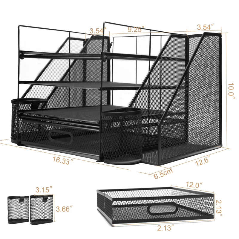 Office Desk Organizer and Accessories Large capacity Desktop 4 Tray File Organizer with Drawer and 2 Pen Holder for School Home