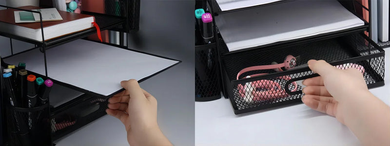 Office Desk Organizer and Accessories Large capacity Desktop 4 Tray File Organizer with Drawer and 2 Pen Holder for School Home