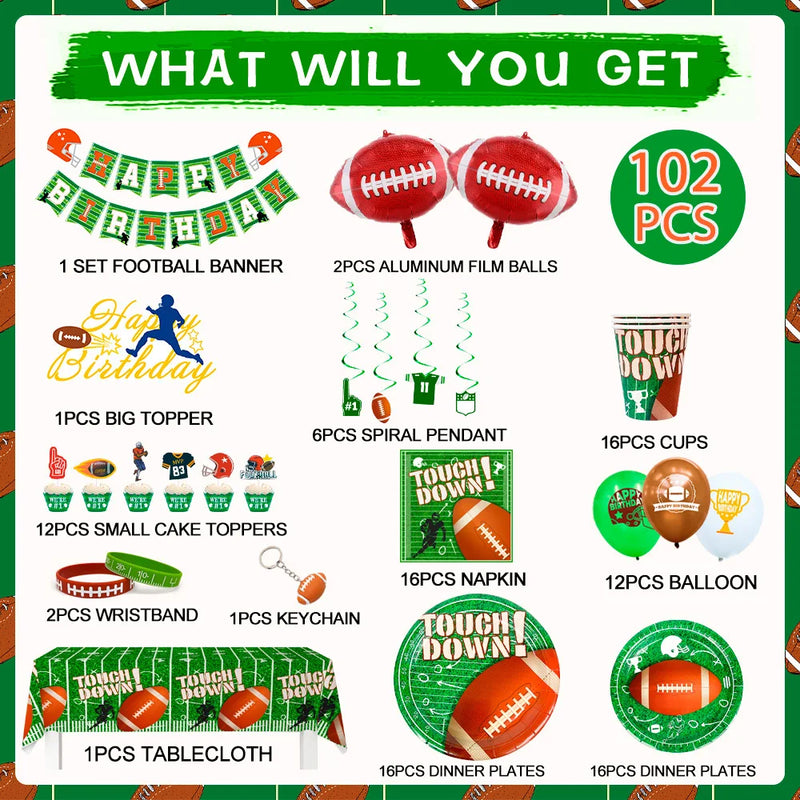 Football Birthday Party Supplies,102pcs Party Decorations&Tableware Set-Football Party Plates Napkins Tablecloth Balloons etc