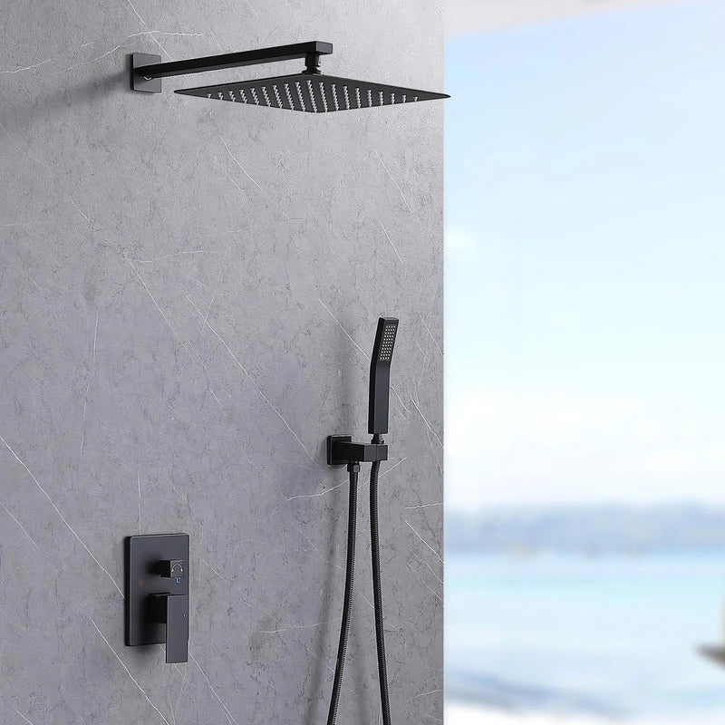 Wall-Mounted Shower System with 12 Rainfall & Handheld Faucet - Matte Black Finish, Brass Rough-In