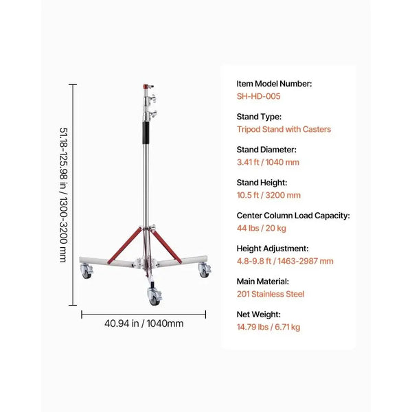 Professional Heavy Duty Adjustable Height Tripod Lighting Stand with Casters Max 10.5ft/320cm