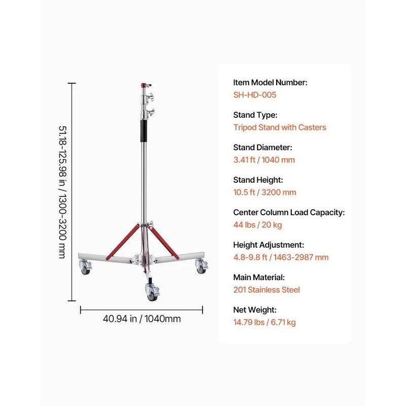 Professional Heavy Duty Adjustable Height Tripod Lighting Stand with Casters Max 10.5ft/320cm