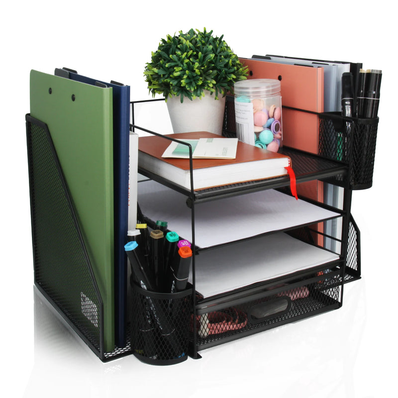 Office Desk Organizer and Accessories Large capacity Desktop 4 Tray File Organizer with Drawer and 2 Pen Holder for School Home